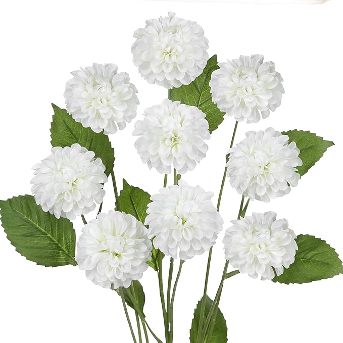 Hollyone 27.6" White Artificial Dahlia Flowers 3Pcs Fake Roses Bouquet Ball Dahlia Flower Arrangement Faux Pincushion Flower with 3 Heads Long Stem for Centerpiece Home Decor