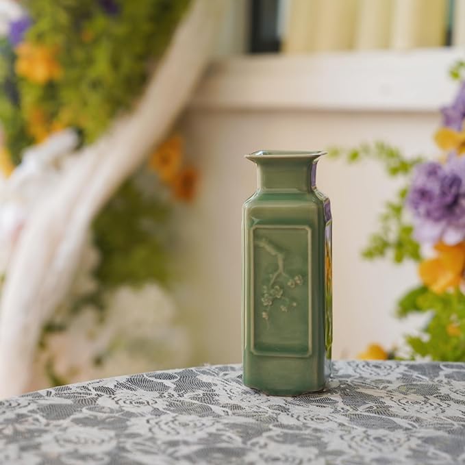 Handmade Sage Green Vase – Small Jade Green Ceramic Bud Vase (5.5in), Oriental Pottery Decor for Table, Shelf, or Meditation Space