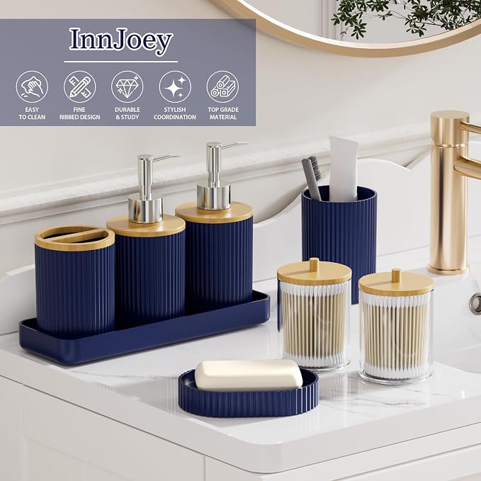 10PC Bathroom Accessories Set - Navy Blue and Wooden Bathroom Sets, Bathroom Accessory Set with Pop Up Trash Can, Toilet Brush, Trash Can, Qtip Holder & Soap Dispenser