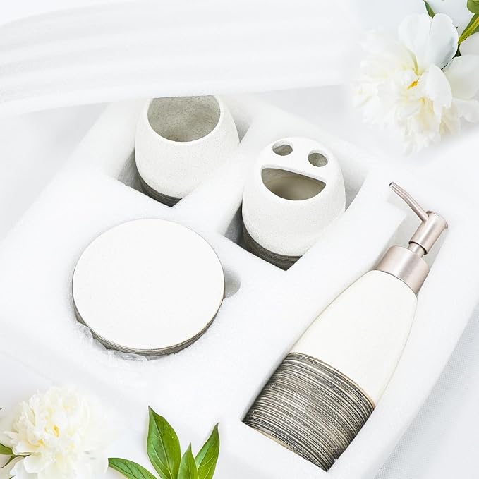 CERBIOR Bathroom Accessories Set,4 Pcs Ceramic Bathroom Decor Accessory,Includes Toothbrush Holder, Toothbrush Cup, Soap Dish for Decorative Countertop and Housewarming Gift, (Grey White)