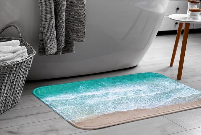 Britimes Bath Mat for Bathroom No Slip Blue Beach Sand Waves Washable Cover Floor Rug Carpets Floor Mat Bathroom Decorations 16x24 inches for Kitchen Bedroom Indoor