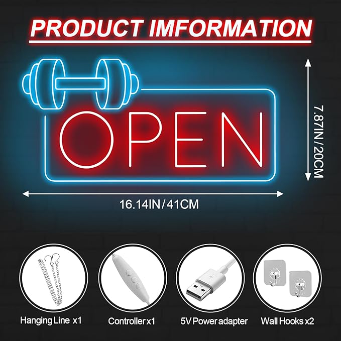 Gym Fitness Open Neon Sign, Dumbbell Open Led Sign, Weightlifting Led Light, Barbell Neon Light, Gym Open Wall Art Decor, House Wall Sign Decor for Business Window Open Signs, Fitness Club Decor