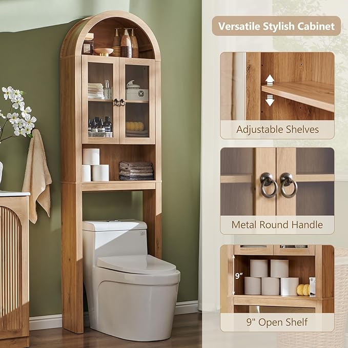 IFGET Arched Over The Toilet Storage Cabinet with Acrylic Doors, Modern Over Toilet Bathroom Organizer Shelf, Small Wooden Bathroom Storage Cabinet with Adjustable Shelf,Space Saver, Natural Oak