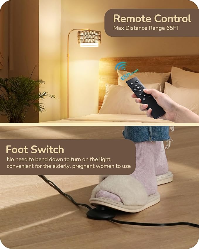 EDISHINE Rattan Floor Lamp for Living Room with Remote & Dimmable LED Bulb,63'' Mid Century Rattan Fabric Shade Standing Lamp with 5 Color Temperature, Farmhouse Boho Standing Lamp for Bedroom Office