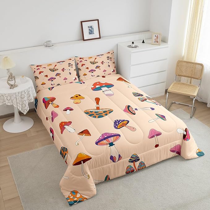 Castle Fairy Retro Trippy Mushroom Comforter Set Full Size,Hippie Plant Bedding Comforters for Girls Teens Gift,60s 70s Cartoon Style Quilt Set with 2 Pillowcases,Chic