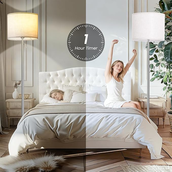 Modern Floor Lamp for Living Room and Bedroom- 55"-67" Height Adjustable Standing Lamps with Dimmable LED Bulb and Remote Control-Bright Tall Stand Light with Shade for Corner Lighting （Silver）