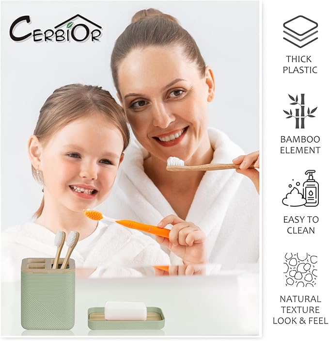 CERBIOR Bathroom Accessories Set 6 Piece Bamboo Bath Ensemble Includes Soap Dispenser, Toothbrush Holder, Toothbrush Cup, Soap Dish for Decorative Countertop and Housewarming Gift (Green)
