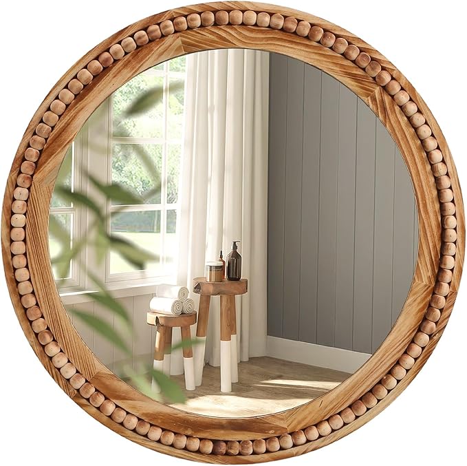 ULIKE Round Wood Mirror with Natural Wooden Bead Frame, 24 Inch Rustic Farmhouse Wall Mirror for Bathroom Nursery Bedroom Living Room Brown