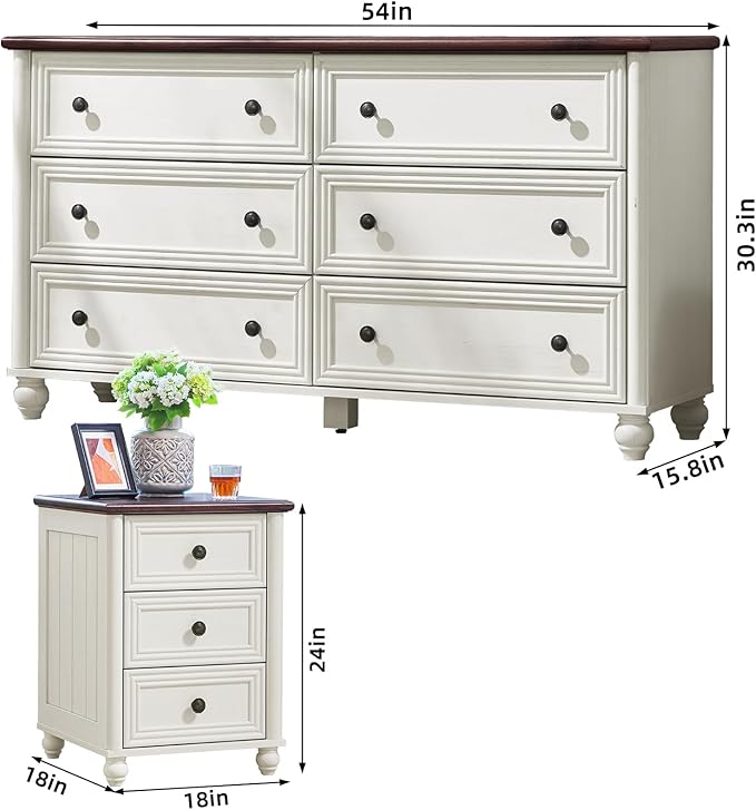 Farmhouse Dressers & Night Stand Set of 3, Wood 54'' Wide Dresser & 18'' Chest of Drawers, Roman Column 3 Drawers Nightstand Set of 2, Bedroom Furniture Dresser Suites for Living Room, Hallway Home