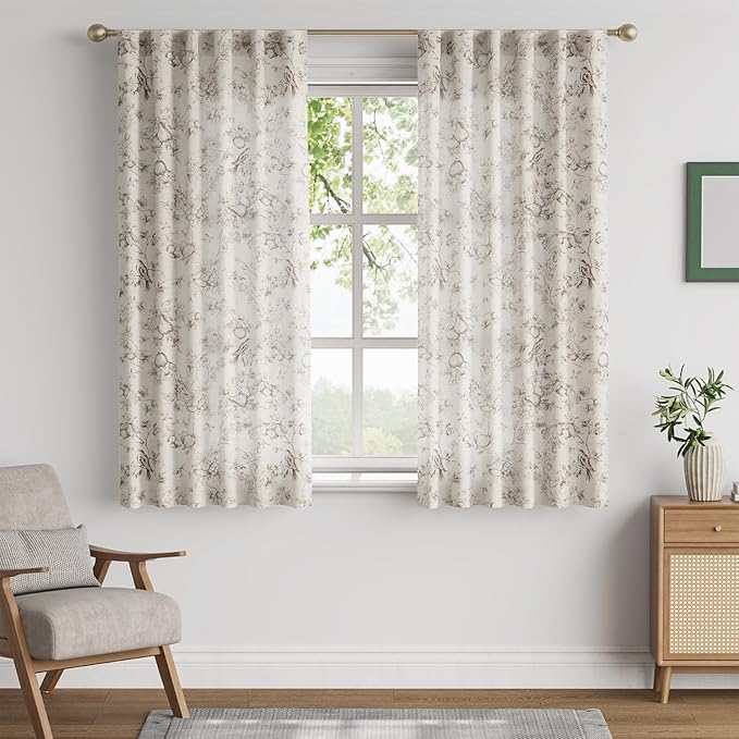 jinchan Linen Floral Curtains for Living Room 63 Inch Length Taupe Printed Flower French Country Curtain Farmhouse Cottage Core Toile Curtains Back Tab Light Filtering Window Drapes Set 2 Panels
