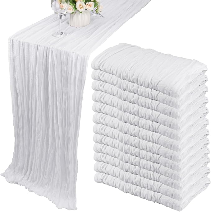 12 Pack 10Ft Cheesecloth Table Runner 35x120 Inch Boho Gauze Table Runner Rustic Cheese Cloth Long Romantic Table Runners for Wedding Bridal Shower Birthday Party Table Decor (White)