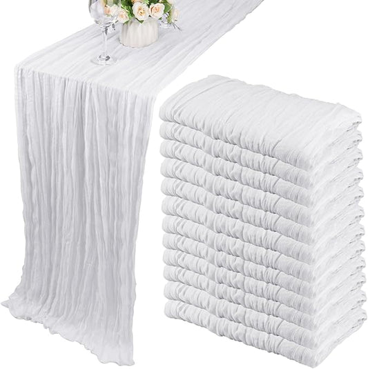 12 Pack 10Ft Cheesecloth Table Runner 35x120 Inch Boho Gauze Table Runner Rustic Cheese Cloth Long Romantic Table Runners for Wedding Bridal Shower Birthday Party Table Decor (White)