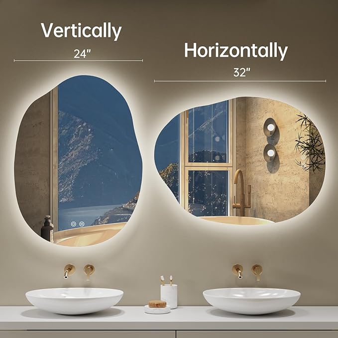 LOVESPEJO Irregular Backlit Mirror Bathroom 24x32 Inch, Asymmetrical LED Bathroom Mirror with Lights, Fogless, Dimmable, 3 Colors, Horizontal/Vertical