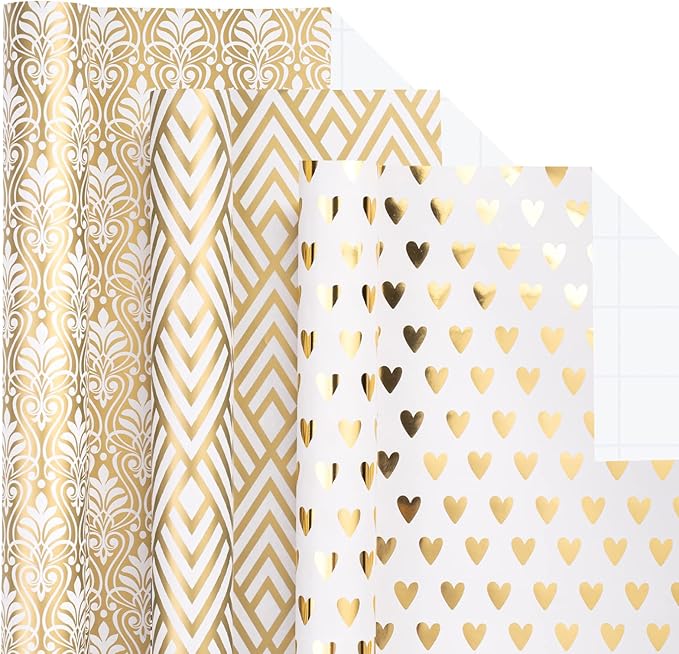 LeZakaa Gold Wrapping Paper Roll, Luxury Metallic Gift Wrap with Heart, Geometric & Floral Pattern for Wedding, Birthday, Anniversary, Bridal Shower, Christmas, Valentines, 17 x 120 inches, 3Rolls