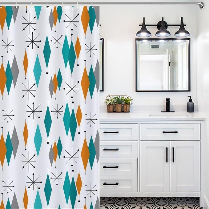Mid Century Modern Shower Curtain,Abstract Atomic Starburst Geometric Diamond Pattern Shower Curtains Set for Bathroom Fabric Decorative Bath Curtain Washable Curtain Hooks, 72x72”