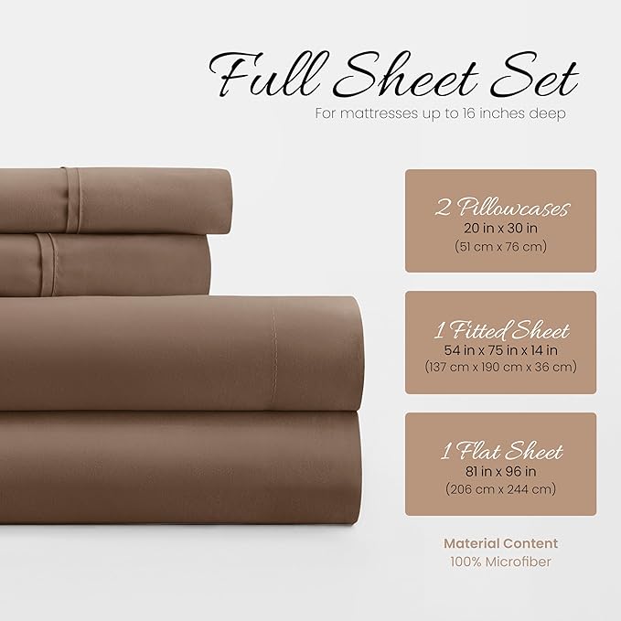 Linen Market Brushed Microfiber Full Sheet Set 4 Piece – Oeko-TEX Certified Ultra Soft & Wrinkle-Free - 16" Deep Pocket Sheets - Easy Care Full Size - Taupe