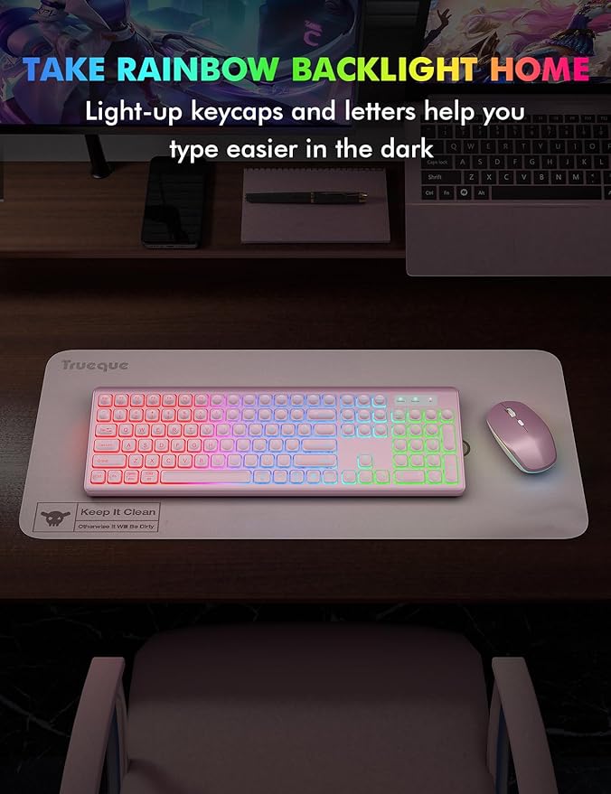 Wireless Keyboard and Mouse Combo, RGB Backlit, Rechargeable & Light Up Letters, Full-Size, Soft Typing, Sleep Mode, 2.4GHz Quiet Keyboard Set for Mac, Windows, Laptop, PC, Trueque (Rose Pink)