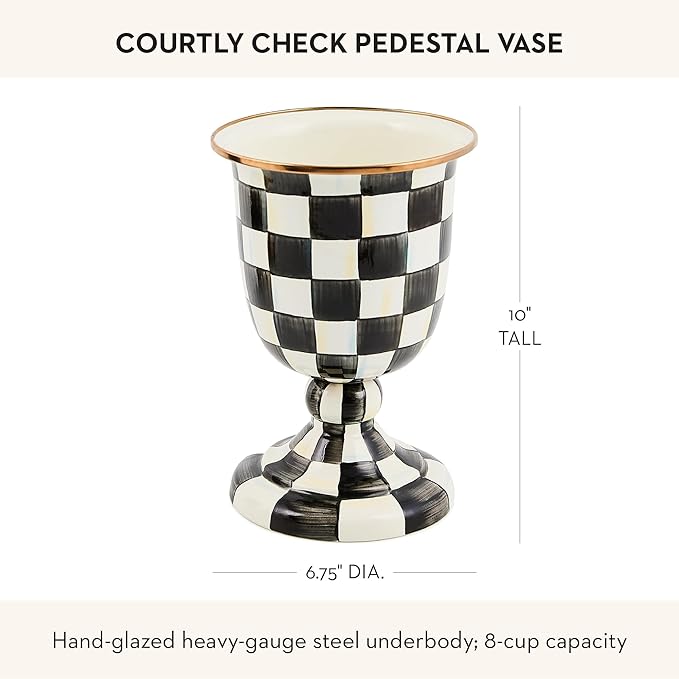 MACKENZIE-CHILDS Pedestal Vase, Decorative Centerpiece and Flower Holder, Black-and-White Courtly Check