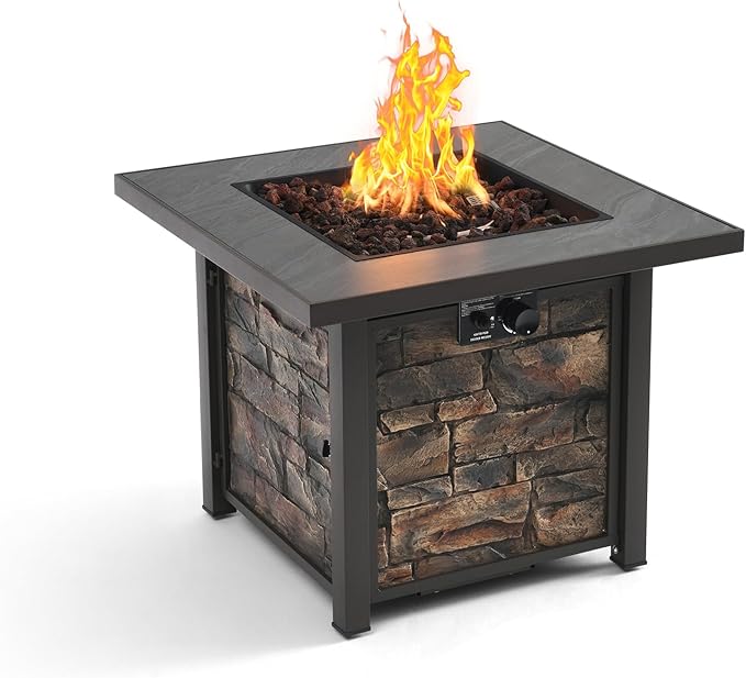YATEMATE 32'' Propane Fire Pit Table for Outdoor, Sintered Stone Tabletop & Polyresin Stone-Look Panel, 50000 BTU Gas Fire Pit Table for Outside Patio and Garden, with Lava Rock & Metal Lid