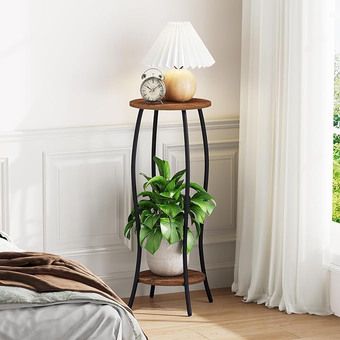 YINMIT Plant Stand Indoor, Tall Plant Stand, 2 Tier Plant Shelf Holder, Metal 4-Leg Corner Plant Stand for Indoor Plants, Wood Round Flower Stand for Living Room Balcony Garden, Retro