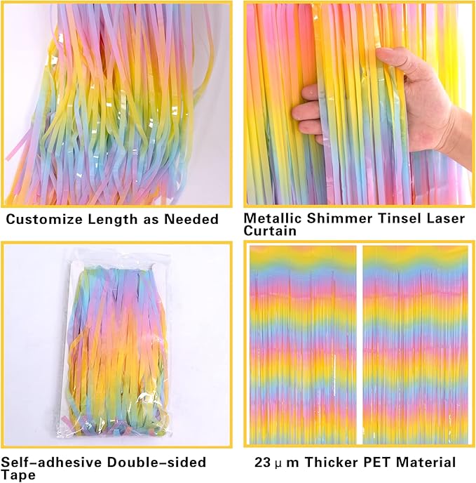 Pastel Rainbow Foil Fringe Curtains, 2Pcs 3.2x8.2ft Metallic Tinsel Foil Streamers Colourful Photo Booths Props Backdrop for Easter Princess Birthday Wedding Engagement Party Decorations