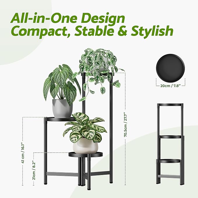 3 Tiered Plant Stand Indoor for Multiple Large Planter, Tall Heavy Duty Adjustable Folding Rack with Rustproof 7.9 Inch Wide Tray, Plant Shelf for Corner Living Room - BlackDisk