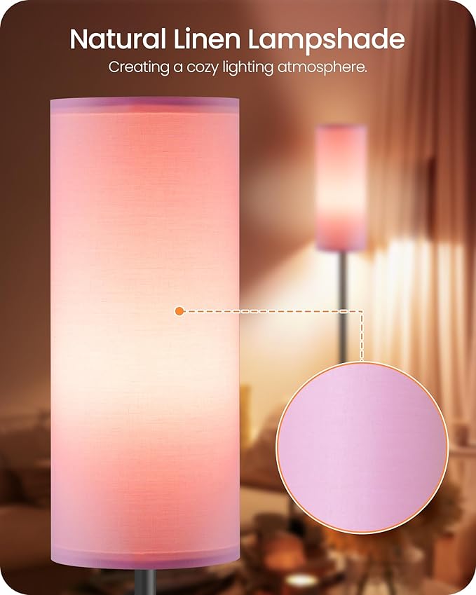 2 Pack Dimmable Pink Floor Lamps for Living Room with 2 Remotes and Foot Switch, Corner Floor Lamp, 64.4'' Standing Tall Lamp, 10W 900LM Bulb Included, 3000K-6500K, Linen Shade, FCC Listed P06LDP205W1