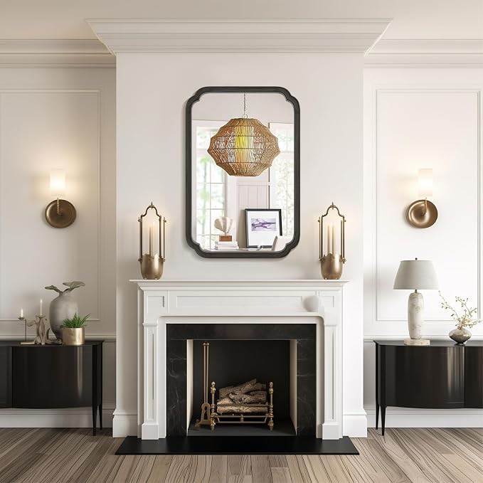 WallBeyond 24" x 36" Rounded Corner Arch Wall Mirror with Wood Frame for Entryway, Living Room or Bedroom Home Decor - Light Woodgrain [24" x 36" Black]