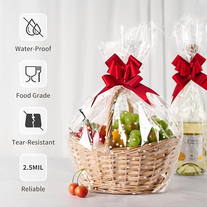 Jutieuo Clear Cellophane Wrap Roll | 100’Ft. Long X 34”In. Wide | 2.5 Mil Thick Crystal Clear with Irregular White Dot | Bouquet, Baskets, Gifts, Crafts, Treats, Wrapping (34" Fold into 17")