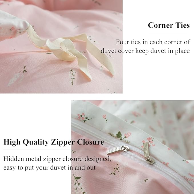 EAVD Vintage Style Garden Floral Duvet Cover King Size 100% Cotton White Pink Botanical Pattern Bedding Set with 2 Pillowcases Boho Fresh Aesthetic Floral Comforter Cover with Zipper Closure