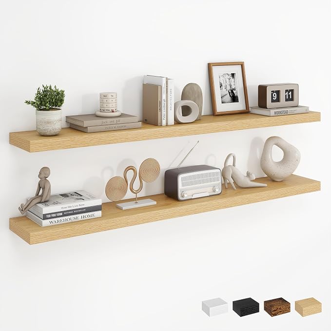 Dreamland 48Inch Floating Shelves for Wall, Rustic Wooden Storage Shelf for Living Room, Kitchen, Farmhouse, Wall Mounted Display Shelving with Invisible Heavy-Duty Metal Bracket, Set of 2 - Oak