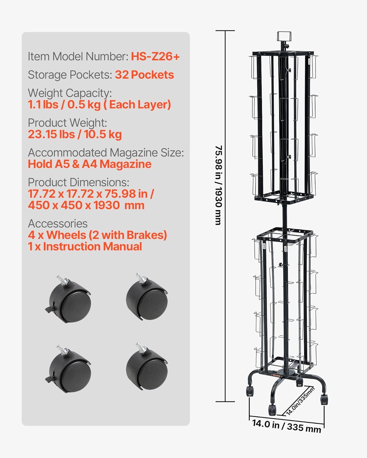 VEVOR Greeting Cards Display Rack - 32 Pocket Rotating Brochure Stand with 360° Spin & Lockable Wheels