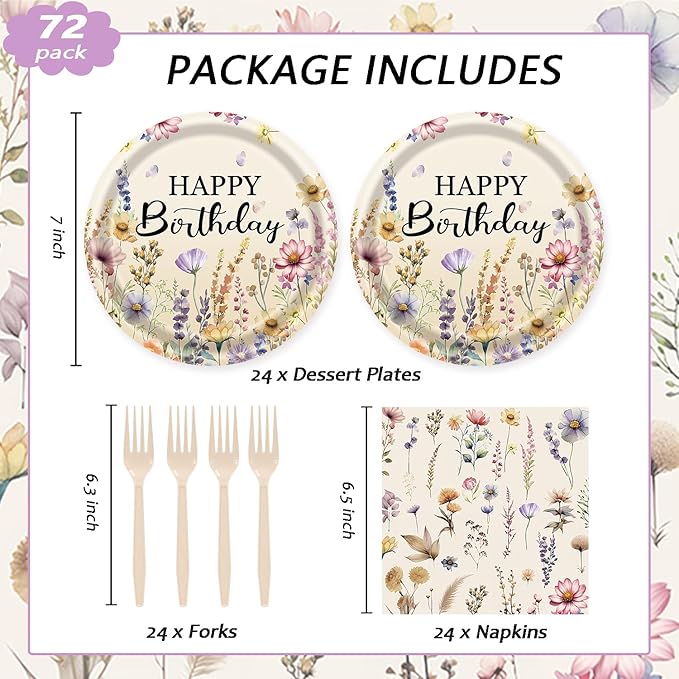 72Pcs Fall Wildflower Plates and Napkins, Floral Birthday Party Supplies Autumn Wildflower Paper Plates and Napkins Forks Tableware Decorations for Fall Picnic Tea Party Baby Shower Birthday, Serve 24