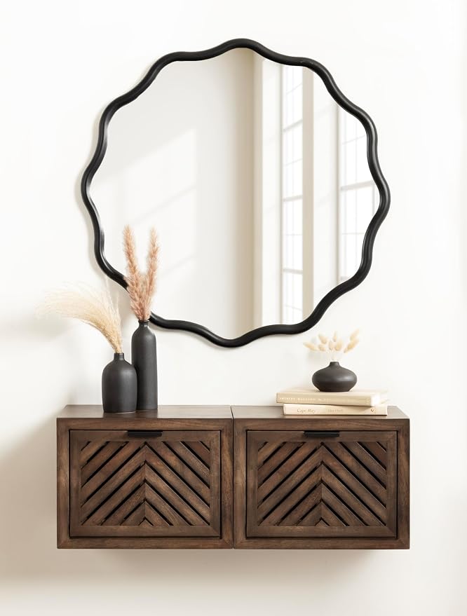Kate and Laurel Talma Modern Round Scalloped Wall Mirror, 30 Inch Diameter, Black, Circle Mirror with Solid Poplar Wood Frame and Rounded Frame Profile