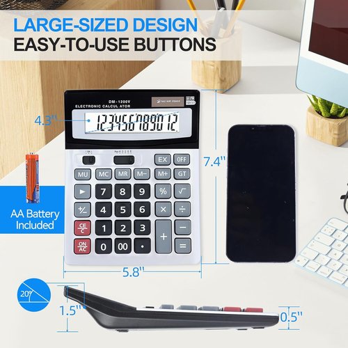 Desktop Calculator - 12-Digit with Extra Large LCD Display & Big Buttons for Office/School Use | Dual Power (Solar/Battery)