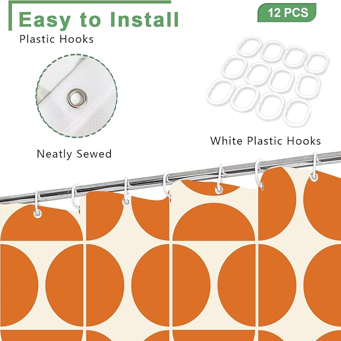 Orange Mid Century Modern Shower Curtain, Boho Abstract Geometric Retro Art Bath Curtains For Bathroom, Colorful Unique Pattern Waterproof Polyester Fabric Bathroom Accessories Set 12 Hooks 72X72IN