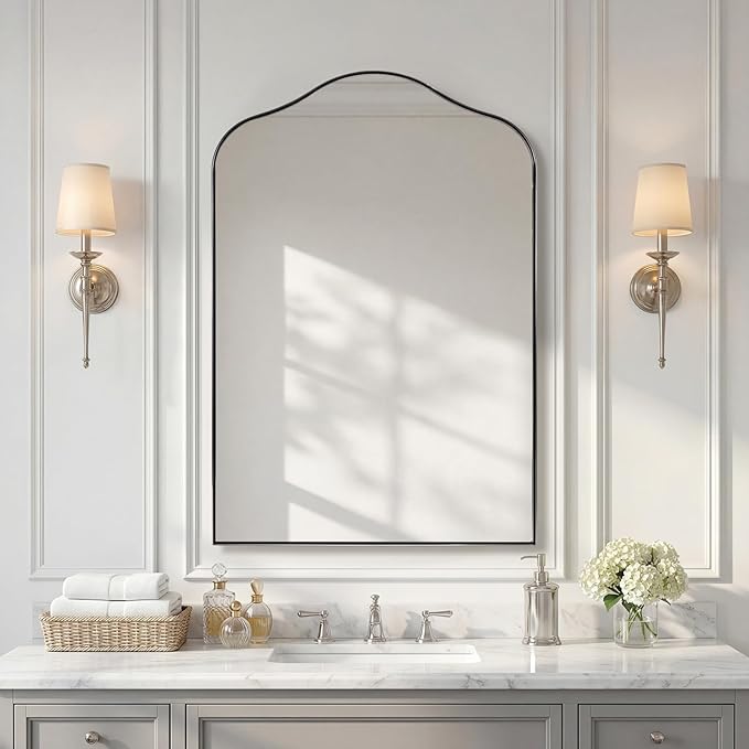 ANDY STAR Scalloped Arched Mirror, 26x38 Polished Chrome Irregular Bathroom Mirror for Vanity, Curved Top with Silver Rustproof Stainless Steel Frame, for Powder Room, Entryway, Bedroom, Fireplace