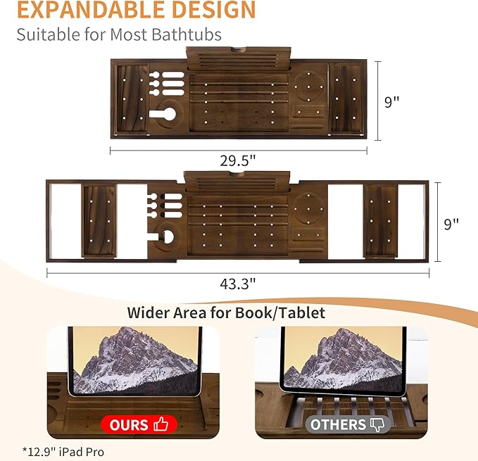 FLYJOE Wood Bathtub Tray Table - Foldable Bath Tray for Tub with Expandable Handles, Wine Glass & Phone Holder, Book Stand - Enhance Home Spa Experience with Natural TeakMaterial, Walnut