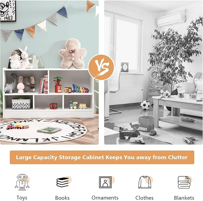 KOTEK Toy Storage Organizer, 5 Cubby Kids Bookshelf, Wooden 3-Tier Bookcase Storage Cabinet, Open Display Book Shelf for Daycare, Nursery, School Classroom, Living Room & Bedroom (White, 5 Cubes)