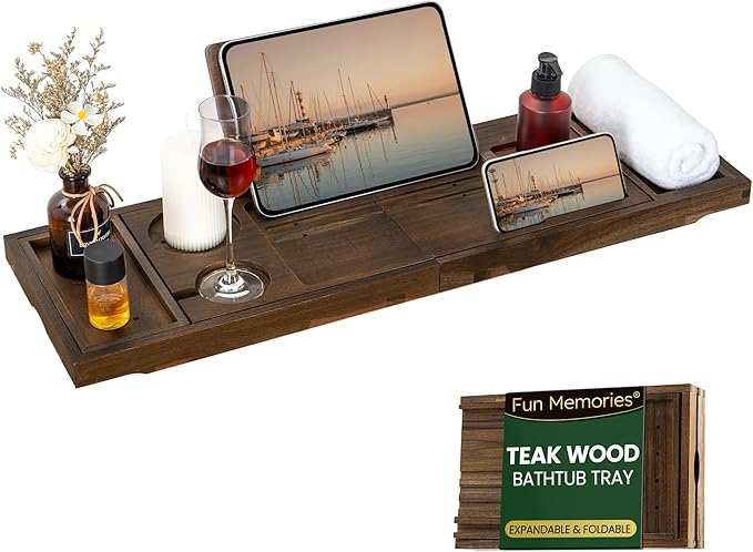 Teak Bathtub Tray - Luxury Bath Tray with Expandable Handles, Wine Glass and Phone Holders, Book Stand - Perfect for Home Spa Relaxation and Reading - Natural Bath Accessories - Dark Walnut Color