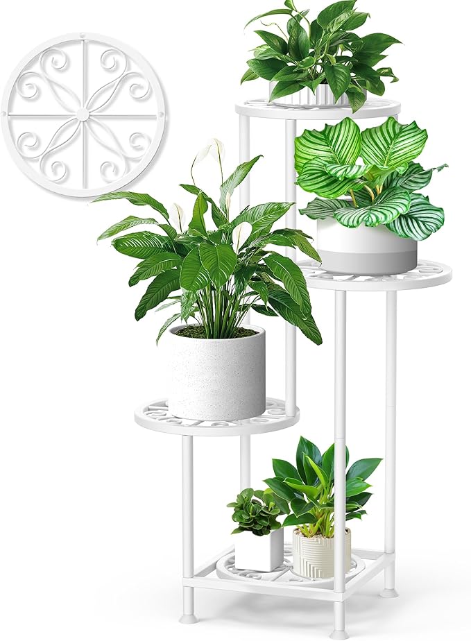 4 Tier Plant Stand Indoor Outdoor, Metal Flower Shelf Display Holder, Multiple Plants Corner Tall Flower Holders for Patio Balcony Porch Garden Living Room (White)