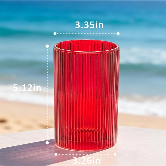 18 oz Ribbed Drinking Glasses Set of 6, High Clear Vintage Iced Coffee Cups Elegant Glassware, Highball Glass Cups Ridged Glass Tumbler for Cocktail, Whiskey, Beer, Water, Juice, Origami Style Red