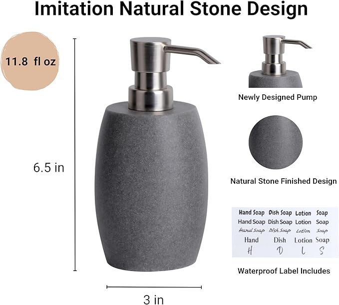Clasin Home Sandstone Textured Resin Soap Dispenser with Metallic Pump and Waterproof Bottle Labels for Bathroom Kitchen Dish Hand Wash Shower Lotion Shampoo, 12 Oz, Gray
