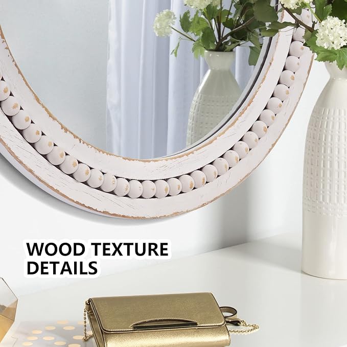 H HOMEWINS Rustic Round Mirror, 24" Wooden Circle Mirrors,Farmhouse Wall-Mounted White Beads Decor Mirror for Bedroom, Bathroom, Living Room,Vanity