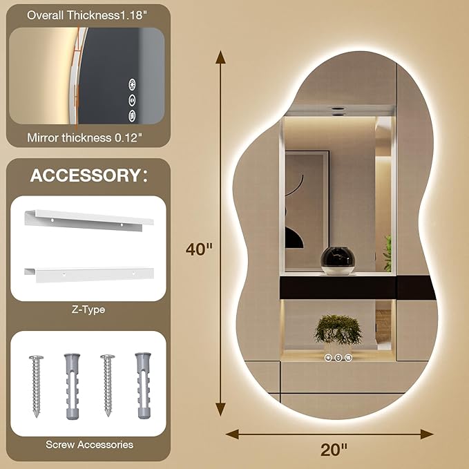Irregular Cloud Backlit Bathroom Mirror 24x36 Inch, LED Vanity Mirror with Lights Anti-Fog, Dimmable 3 Colors, 4mm Tempered Glass, Horizontal/Vertical Wall Mount for Bathroom or Makeup Area