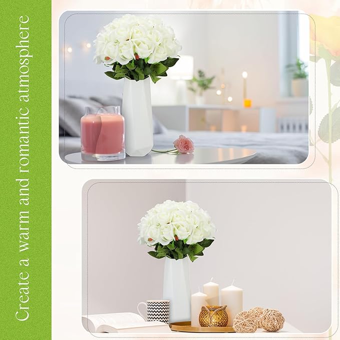 Jexine 50 Pcs Artificial Rose Flower Bulk Realistic Silk Fake Roses with Long Stem Plastic Artificial Flower Bouquet Real Looking for Home Wedding Centerpieces Party Decoration(Beige)