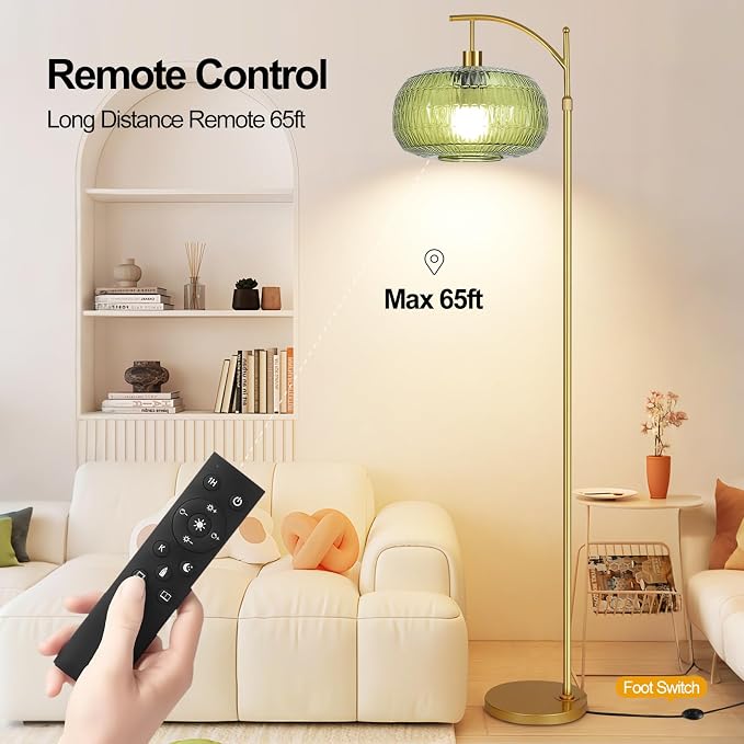 QIYIZM Glass Floor Lamp for Living Room,Bedroom,Gold Dimmable Standing Lamp with Remote,Green Mid Century Modern Brass Vintage Tall Lamp Floor Lamps Arc Boho Floor Light Lamp Bohemian