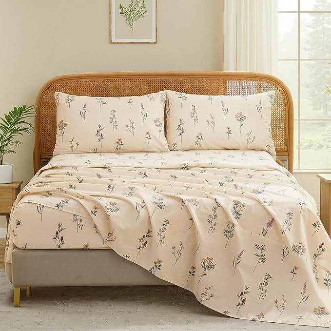 Cream Floral Sheets Set King Size 100% Cotton, 4 Pieces, Soft & Breathable Percale Weave Bedding, Deep Pocket 17.5", Crisp Cool Feeling, Durable, Perfect Cute Floral Bed Sheet