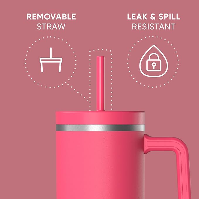 Hydrapeak Voyager 40 Oz Stainless Steel Tumbler with Handle, Insulated Water Bottle With Straw & Lid, Cupholder Friendly Reusable Travel Mug (Hot Pink)