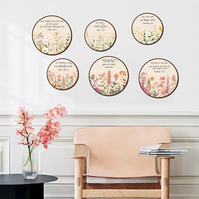 TOARTi 6pcs Christian Floral Round Wall Art Set(9.9”x3/7.9”x3),Vintage Wildflower Bible Verse Hanging Sign Flowers Wooden Wall Art Scripture Botanical Religious Wall Decor for Church Living Room